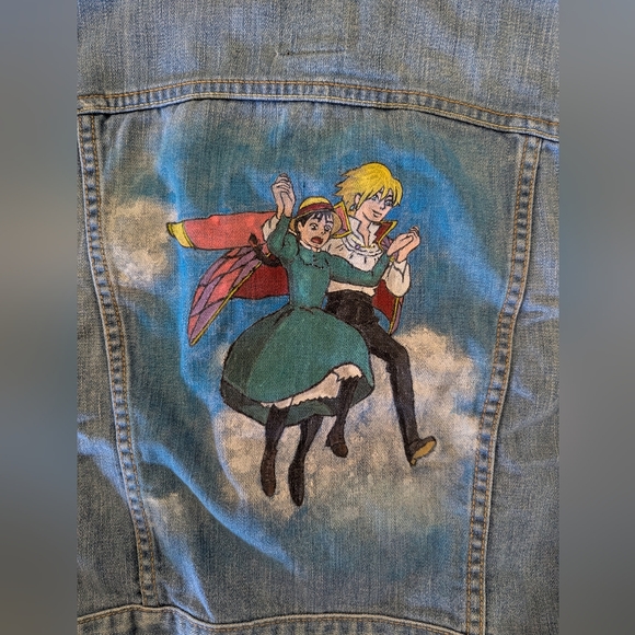 Hand-painted Howls Moving Castle Romantic Scene Lucky Brand Denim Jacket sz M - Picture 10 of 12